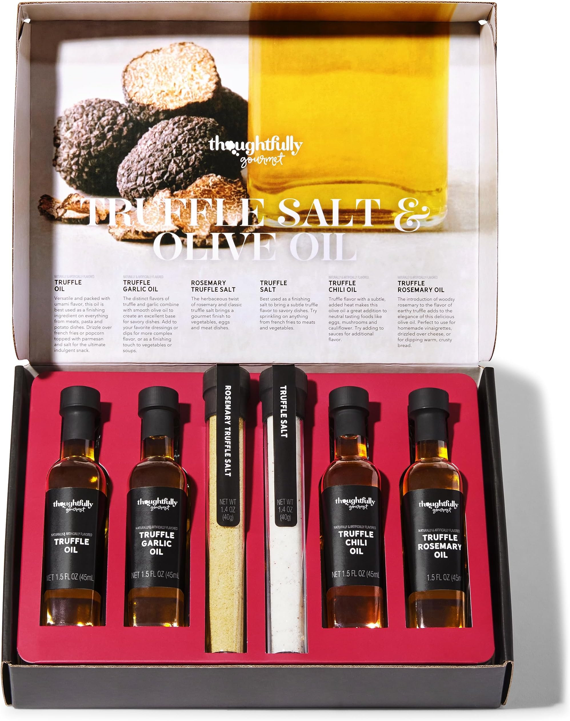 Gourmet, Truffle Salt & Olive Oil Gift Set, Includes 4 Premium Extra Virgin Olive Oil, 2 Truffle Salts with Real Truffles, Set of 6