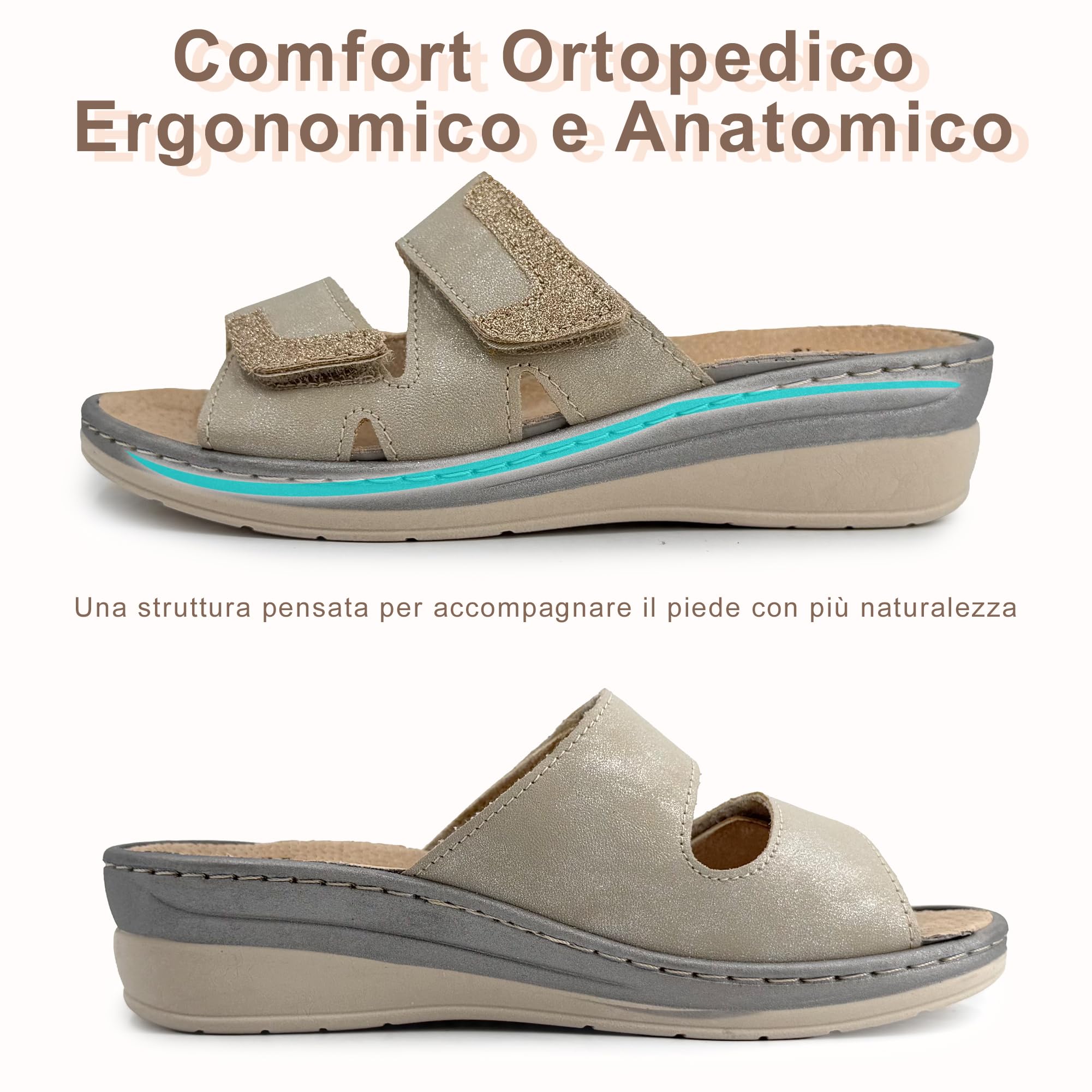 JOMIX Ciabatte Donna Ortopediche con Strappo Pantofole Estive Anatomiche Ergonomiche Plantare Estraibile in Vera Pelle Sandali Comidi Regolabili con Zeppa per Anziana e Piedi Sensibili