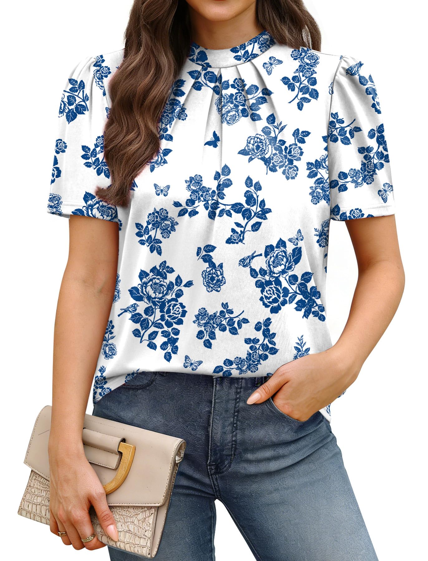 WIHOLL Womens Tops Short Puff Sleeve Shirts Mock Neck Pleated Spring Blouses Dressy Casual Business Casual Summer Outfits — view 16