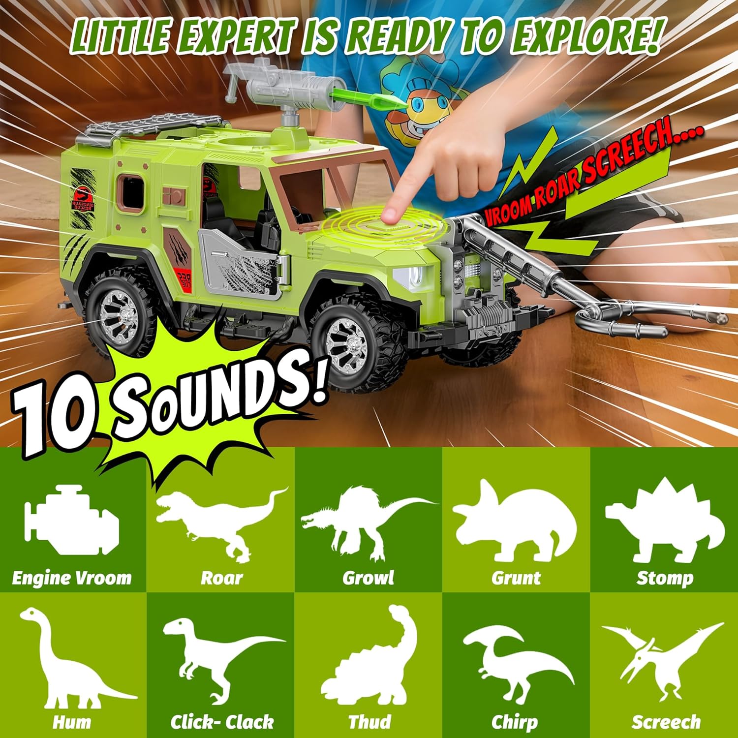 EKU Dinosaur Toys Capture Truck with Human, 10 Realistic Sounds, 15ft Launch, Wide Mouth Fork, Head Movable Brachiosaurus Dino for Jurassic World Role Play Adventure Rescue Birthday Gift for Kids 3+