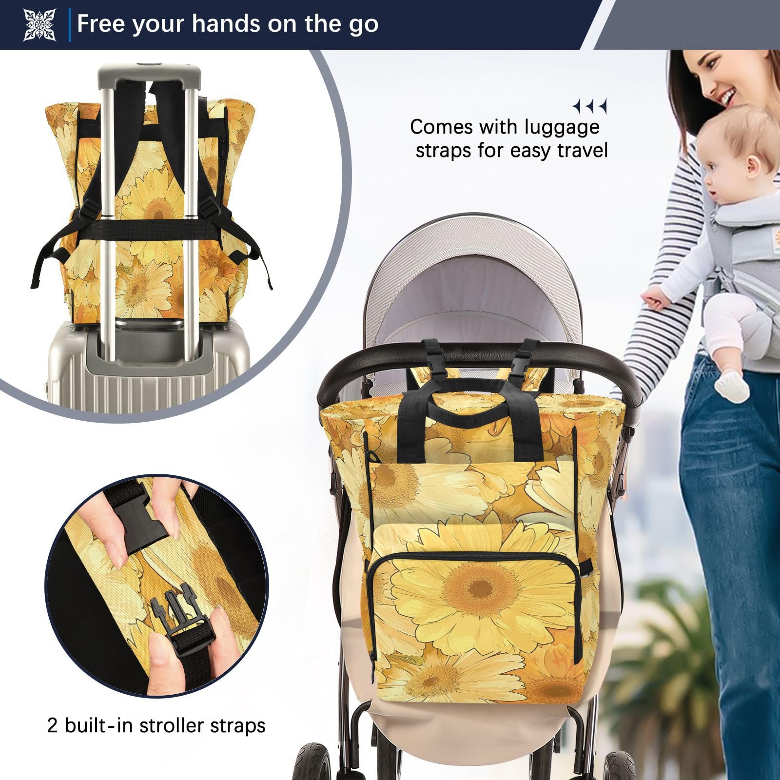 Girasol De La Pintura Del Arte Mochilas de Pañales para Gran Capacidad Pañal Bolso Mochila para Viajar al Aire Libre Mamá y Papá