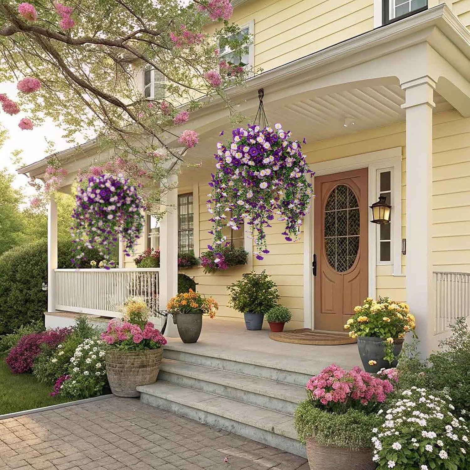 2Pcs Outdoor Faux Hanging Flowers Artificial Morning Glory with Eucalyptus Leaves UV Resistant Look Real Fake Plants for Outside Planter Porch Patio Balcony Yard Decor (Purple & Purple White) - Image 6