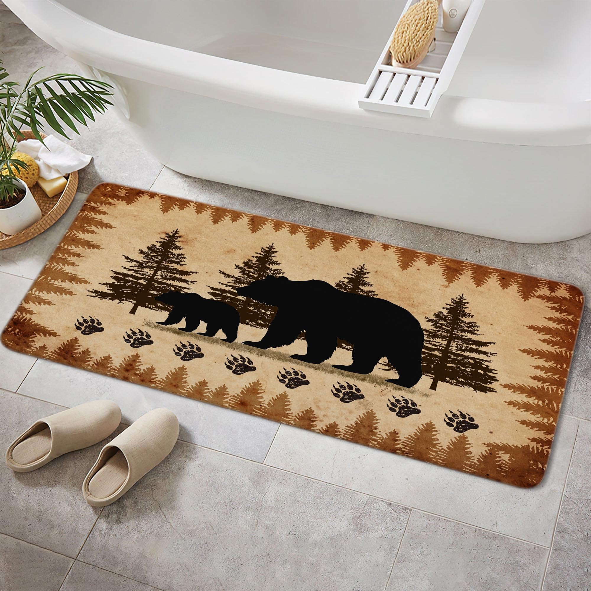 Rustic Cabin Bear Bath Rugs, Animal Black Bear Doormat Non-Slip Floor Entryways Outdoor Indoor Door Mat, Country Farmhouse Lodge Wooden Forest Trees