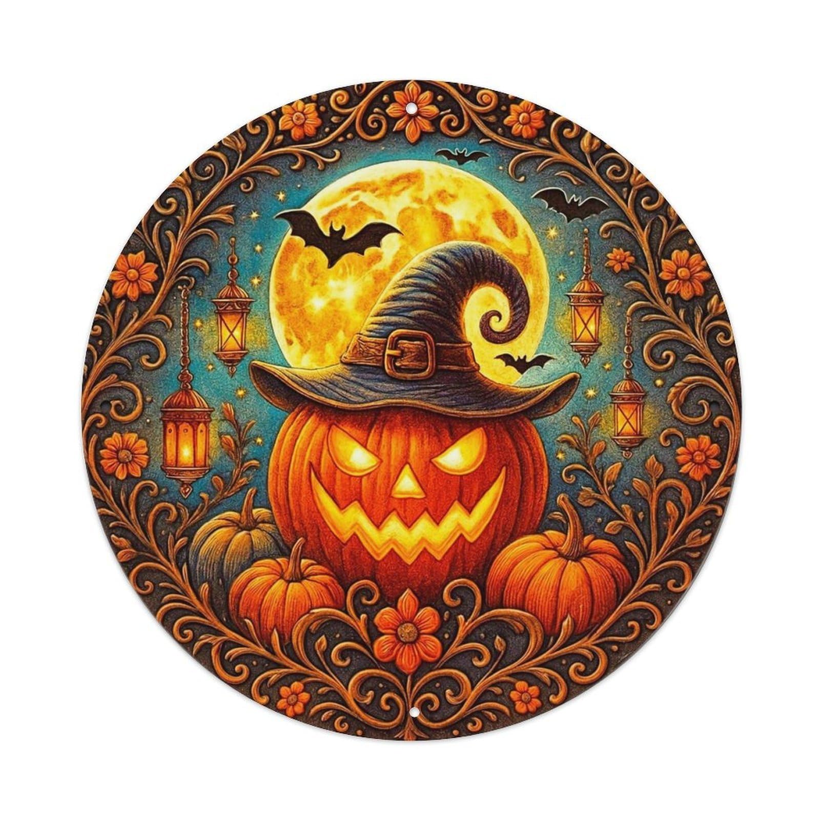 Halloween Pumpkin Witch Hat Moon Vintage Metal Tin Sign Retro Wall Decor for Home Bar Garage Cafe, Indoor & Outdoor Decorative，circle Metal Poster, 8x8 Inch