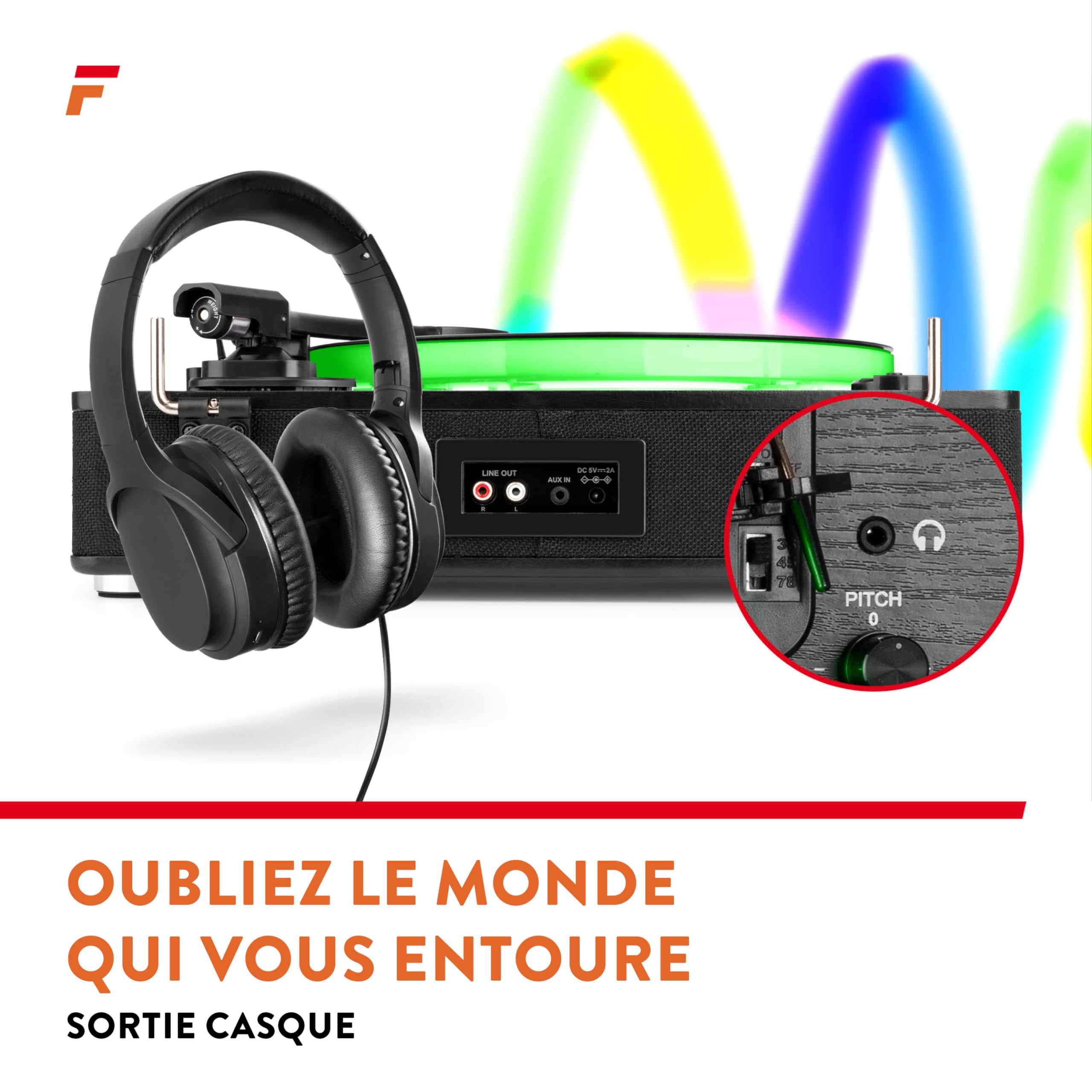 Fenton RP162LED Platine Vinyle LED BT avec Haut-Parleurs Intégrés - Noir, Lecture 33, 45 et 78 Tours, Émetteur & Récepteur BLT, Une Platine Moderne et Déco avec Son Plateau LED