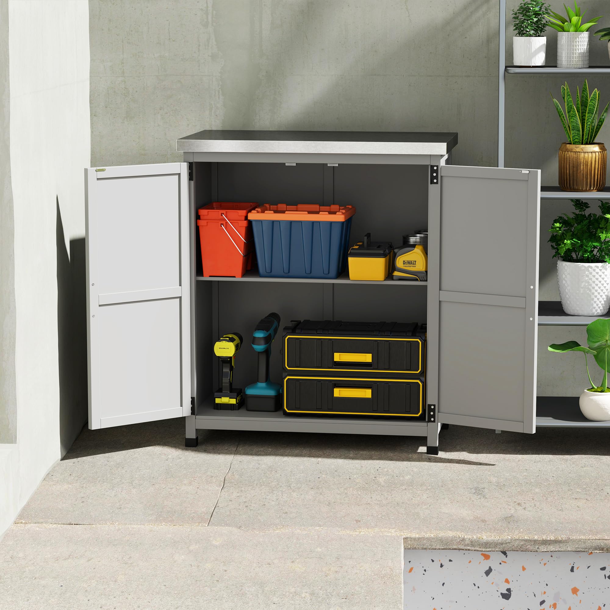 Outsunny Gartenschrank mit Pflanztisch Holz Geräteschuppen verzinkter Arbeitsplatte 2 Regalböden Doppeltür 79 x 43 x 92cm Grau