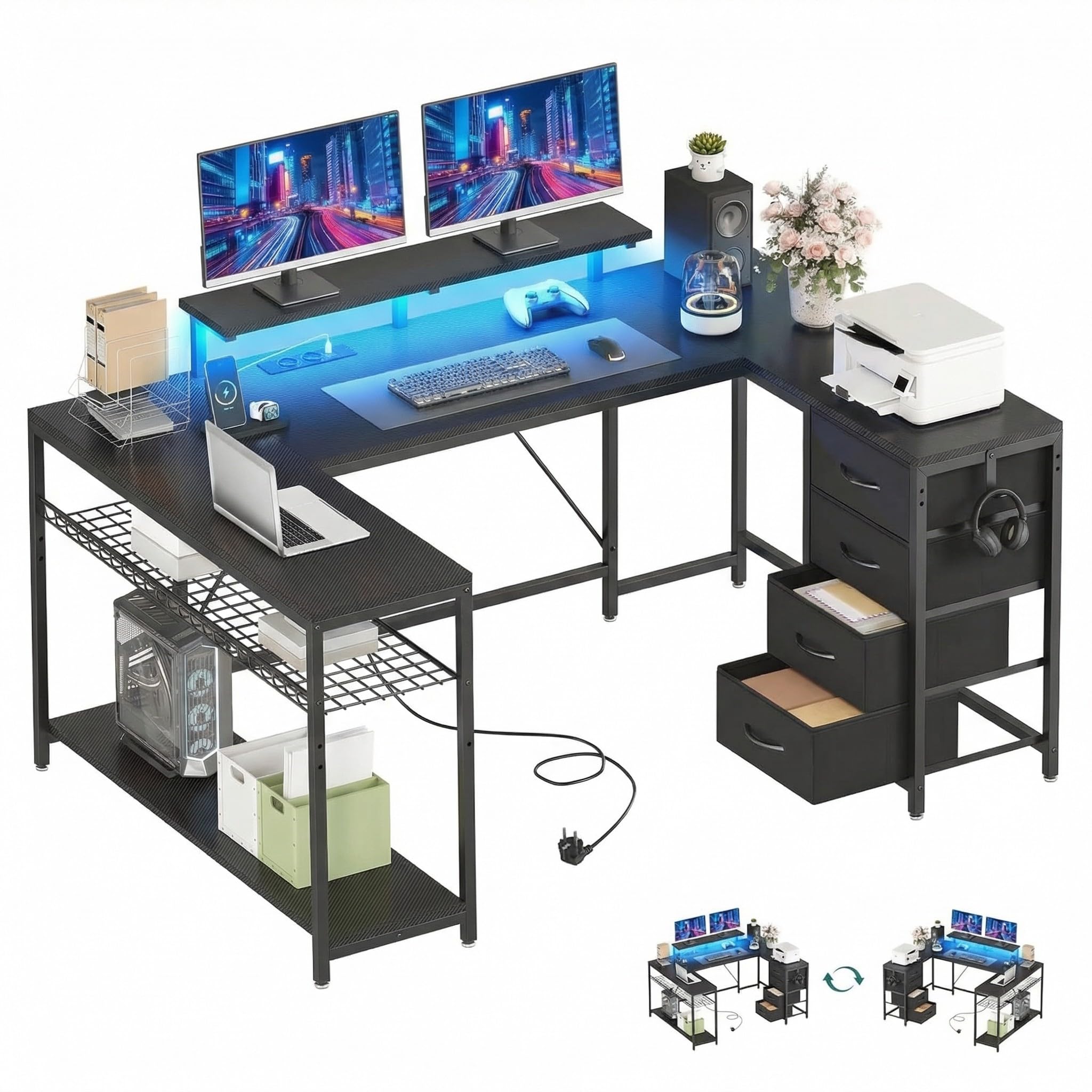 YITAHOME Computer Schreibtisch 158 x 100 cm, Gaming Tisch mit Steckdosen & LED-Lichter, Reversibler Eckschreibtisch mit Regalen, Computertisch schubladen & Stauraumfür Home Office, Schwarz