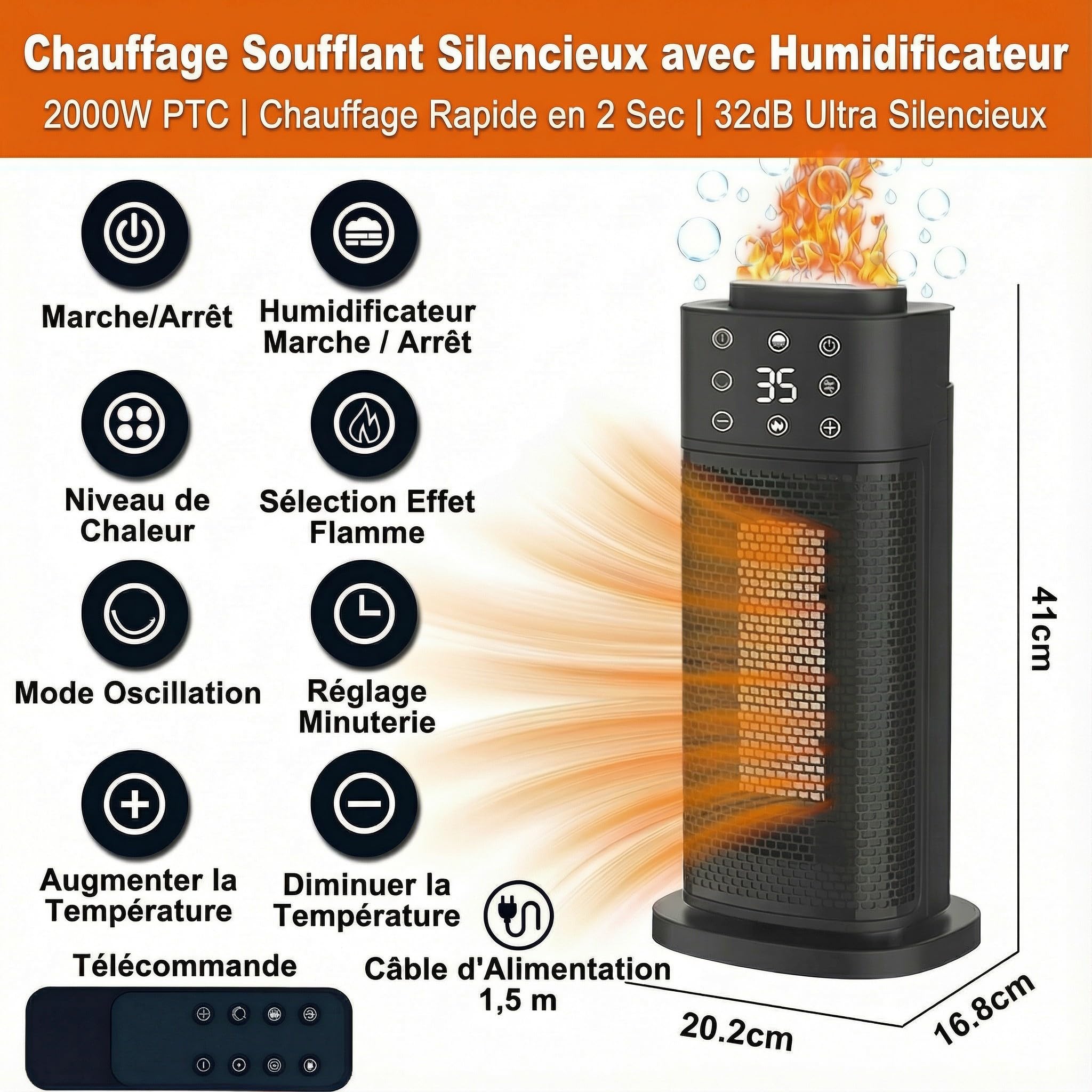 Chauffage d'appoint,radiateur electrique,2000W, Basse Consommation et Silencieux, avec Humidificateur & Minuterie