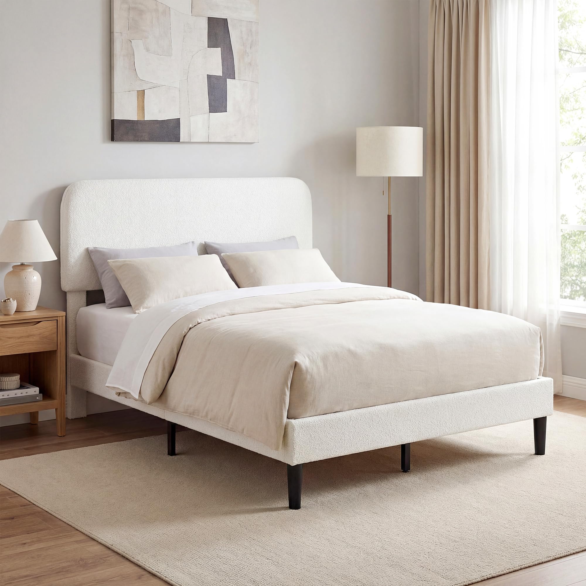 HOMCOM Cama Doble Tapizada en Borreguito, 135x190 cm, Cama Matrimonio con Cabecero Ajustable en Altura, Listones de Madera, Blanco