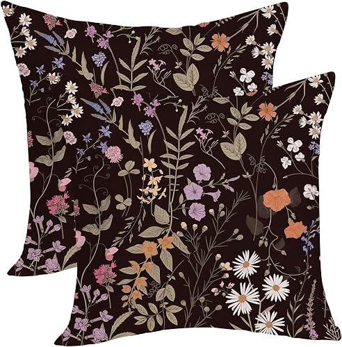 Spring Floral Pillow Covers 20x20 Pack of 2 Black Botanical Herbs Wildflower Thr