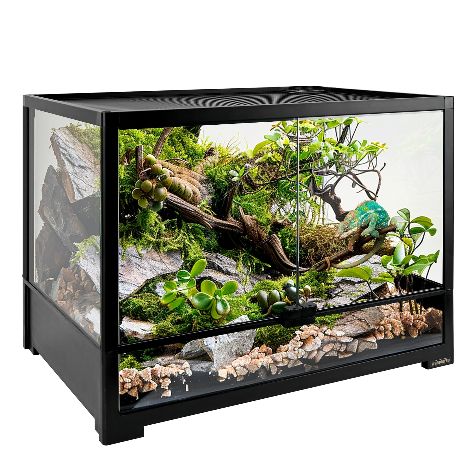 Terrario de vidrio para reptiles de 23 galones, 24 x 18 x 12.6 pulgadas, caja de jaula con doble puerta de apertura frontal y ventilación de pantalla superior para dragón barbudo, camaleón,