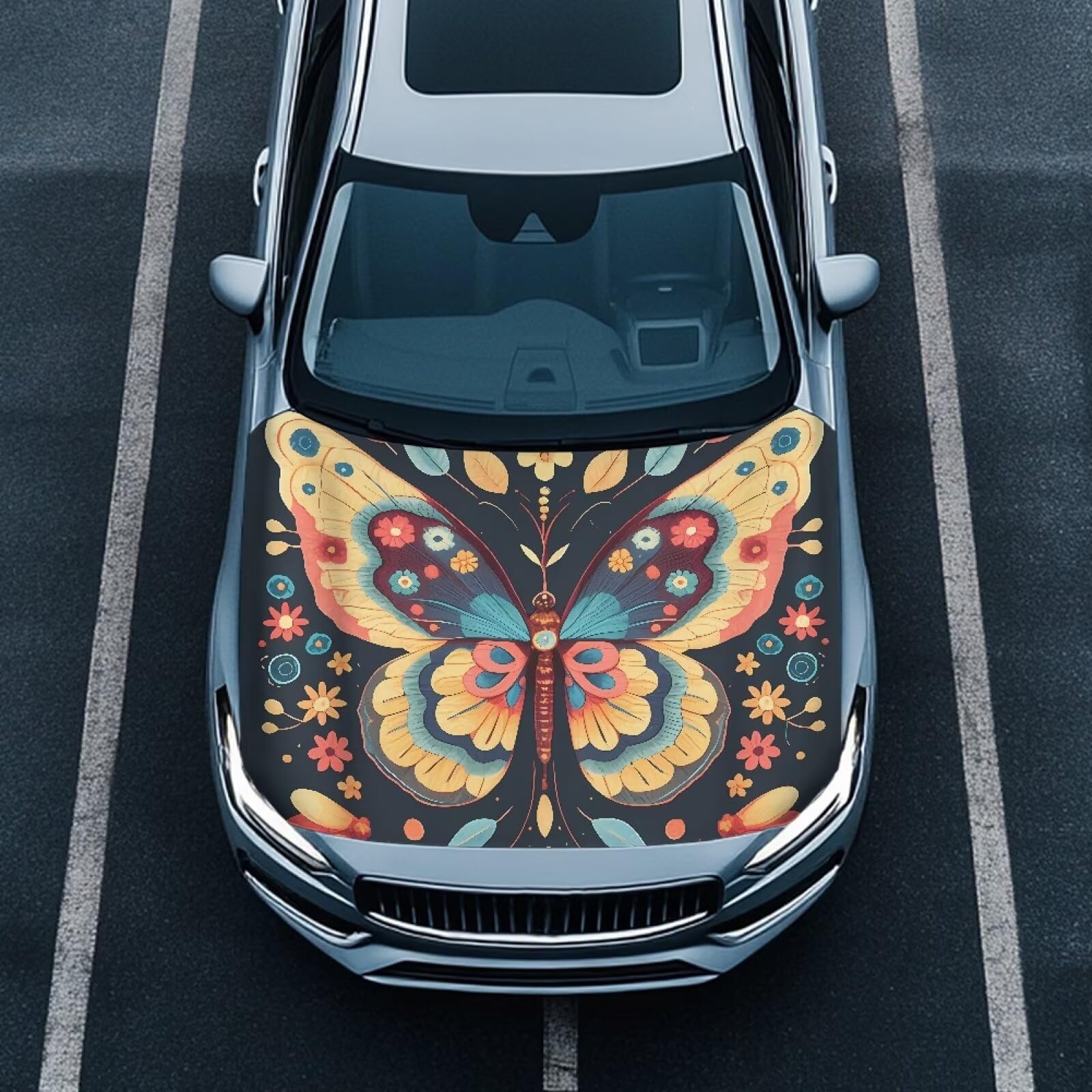 Butterfly Flower Car Hood Cover Washable Elastic Color Butterfly Wildflower Auto Accessories for Ditsy Flower Car Hood Decoration and Protection, Universal Fit