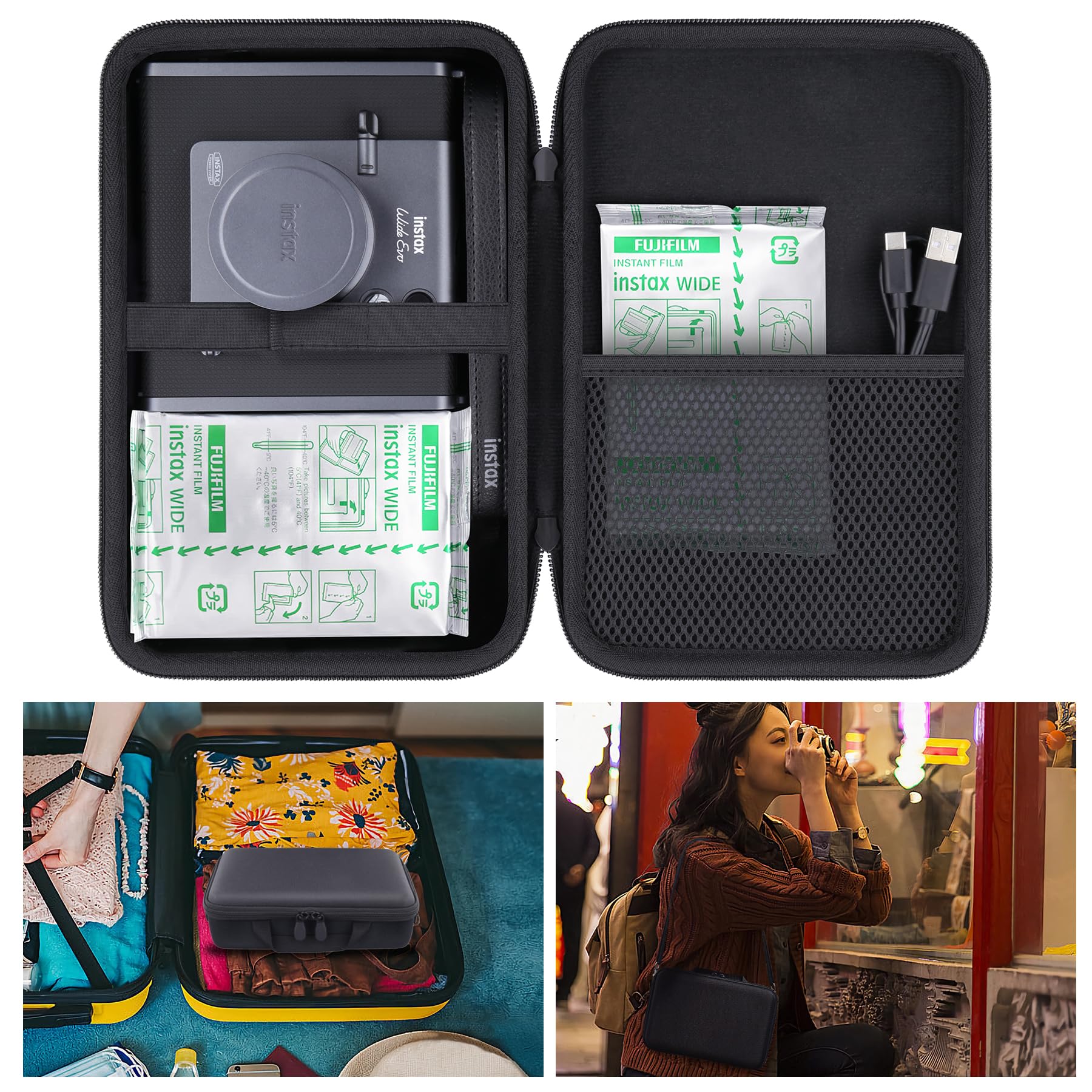 Khanka per Fujifilm Instax Wide Evo 2-in-1 Instant Film Camera e stampante Custodia rigida da viaggio con tracolla, nero (solo custodia)
