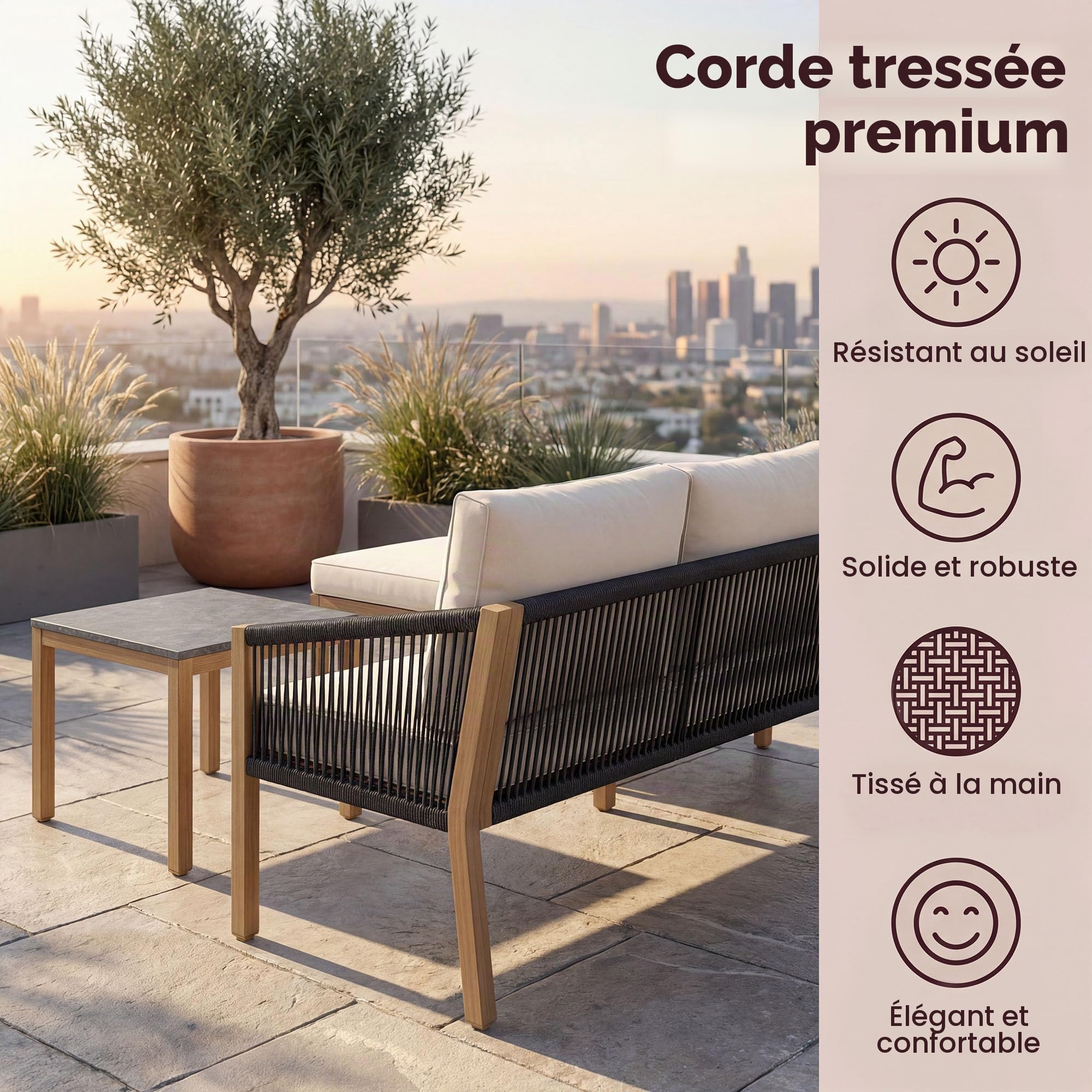 LIFEZEAL Salon de Jardin 3 Pièces Extérieur, Canapé d’Angle en L avec Table Basse Effet Marbre, Coussins et Structure en Métal, Canapé 2 Places et Méridienne pour Terrasse, Jardin, Patio (Beige)