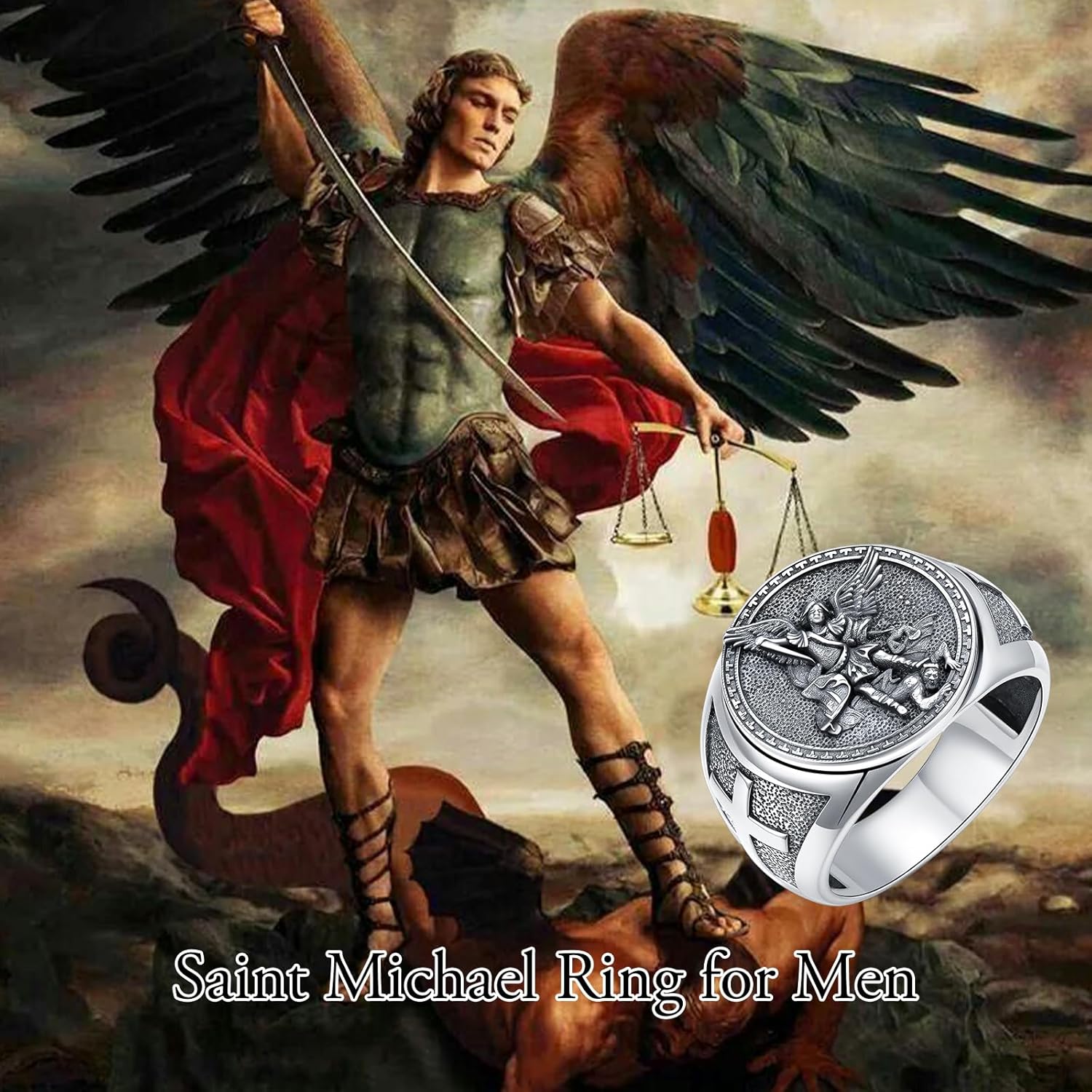 ROMANTICWORK Saint Michael Ring 925 Sterling Silver St Michael Cross Ring Christian Religious Protect Jewelry for Men Size 8 - Image 6