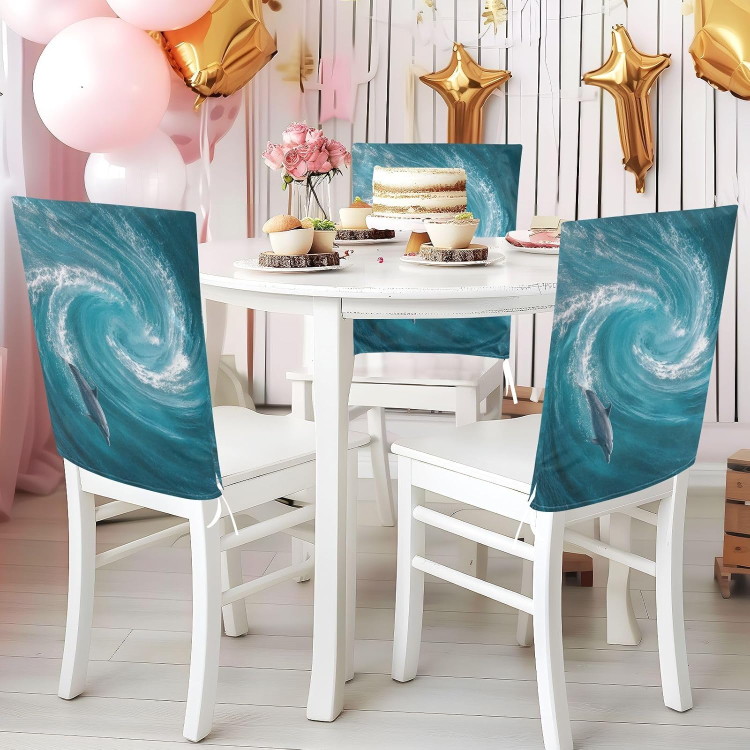 ALAZA Ocean Waves Dolphins Chair Back Cover Set of 6, Washable Reusable Removable Chair Slipcovers Decorative Chair Cover for Home Kitchen Wedding Party