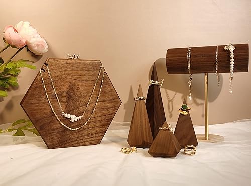 Miniatura 9 de GemeShou Wood Necklace Display Stand, Walnut Hexagon Board Jewelry Holder for Show, Hanging Long Necklace Retail Jewelry organizerHexagon Necklace