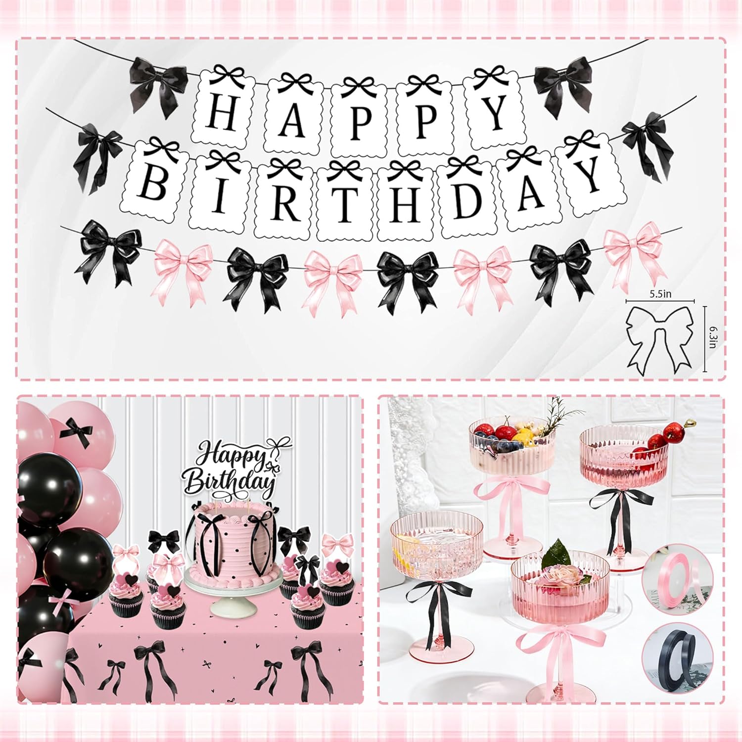 Pink Black Bow Birthday Party Decorations, 237PCs Coquette Birthday Decorations Include Happy Birthday Bow Banner Balloons Bow Plates Napkins Cups Tablecloth for Girl (Pink and Black)