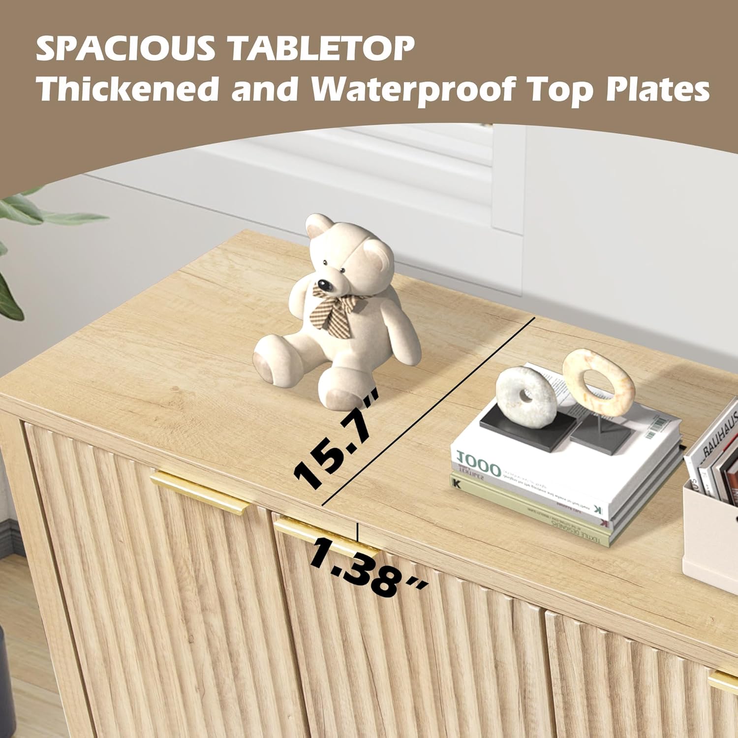 55" Fluted Sideboard Buffet Cabinet with Storage - Kitchen Credenza Storage Cabinets with Adjustable Shelves, Modern Wood Coffee Bar TV Console Cabinet Table, Living Dining Room Entryway (Burlywood)