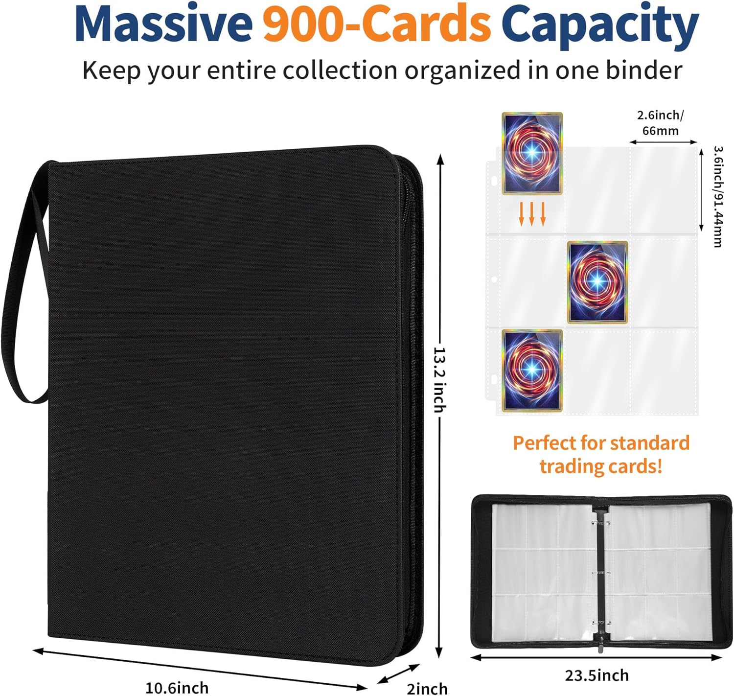 Black 9-Pocket Trading Card Binder with Zipper, Fits 900 Cards; Thermo PU Leather Collector Album for Pokemon, Sports Cards, TCG & K-pop Photocards; Card Folder for Boys, Girls & Adults