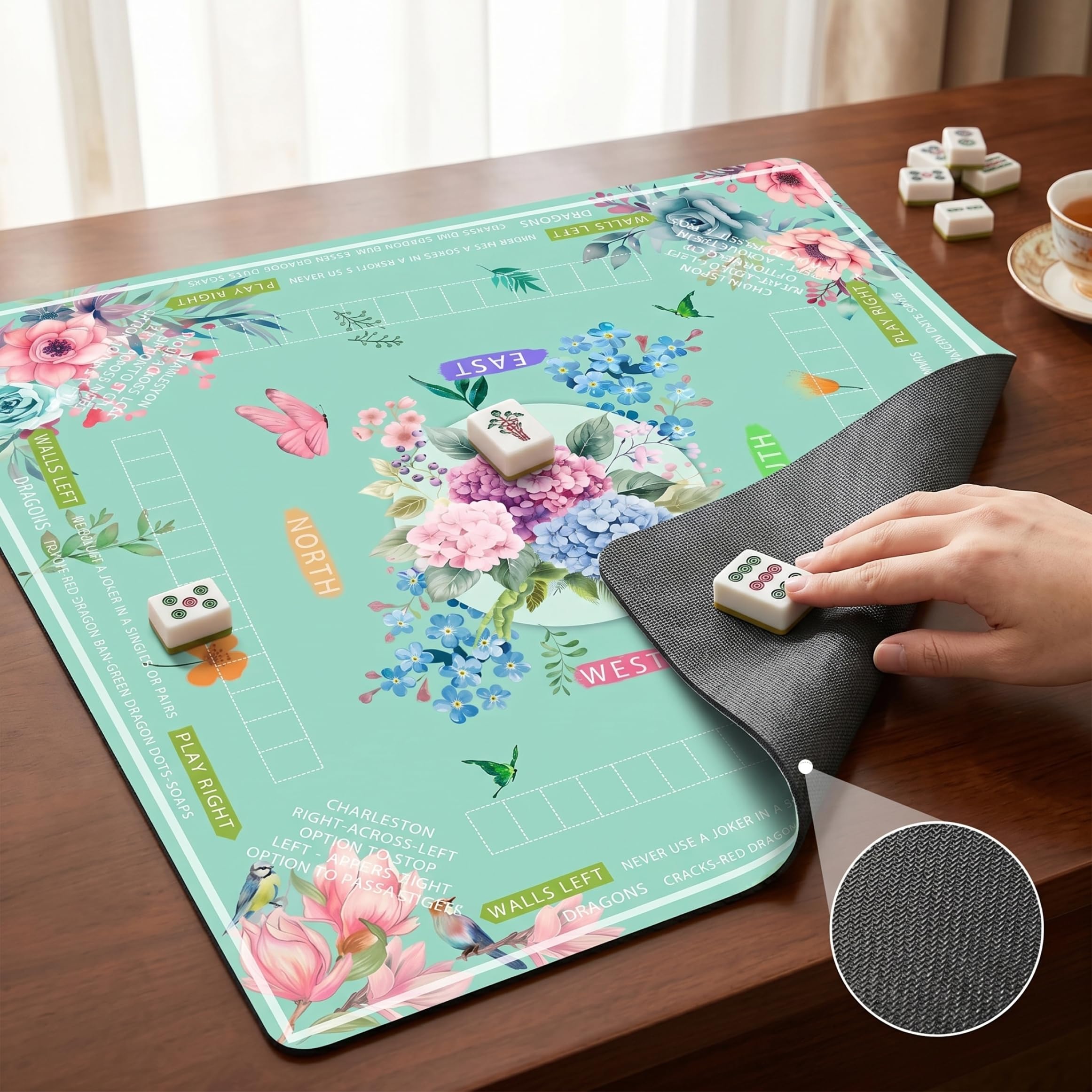 Mahjong-Matte für Tisch, geräuschreduzierende und Faltbare Mah-Jongg-Matte, quadratische Mah-Jongg-Matten mit Blumenmuster, grün, 31, 5 x 31, 5 Zoll