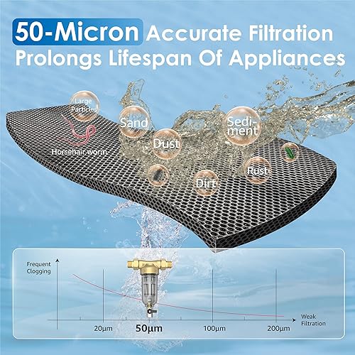 Miniatura 3 de Waterdrop Filtro de sedimentos giratorio, sistema de filtro de agua para toda la casa para agua de pozo, 50 micras, MNPT de 1 pulgada + 34 pulgadas