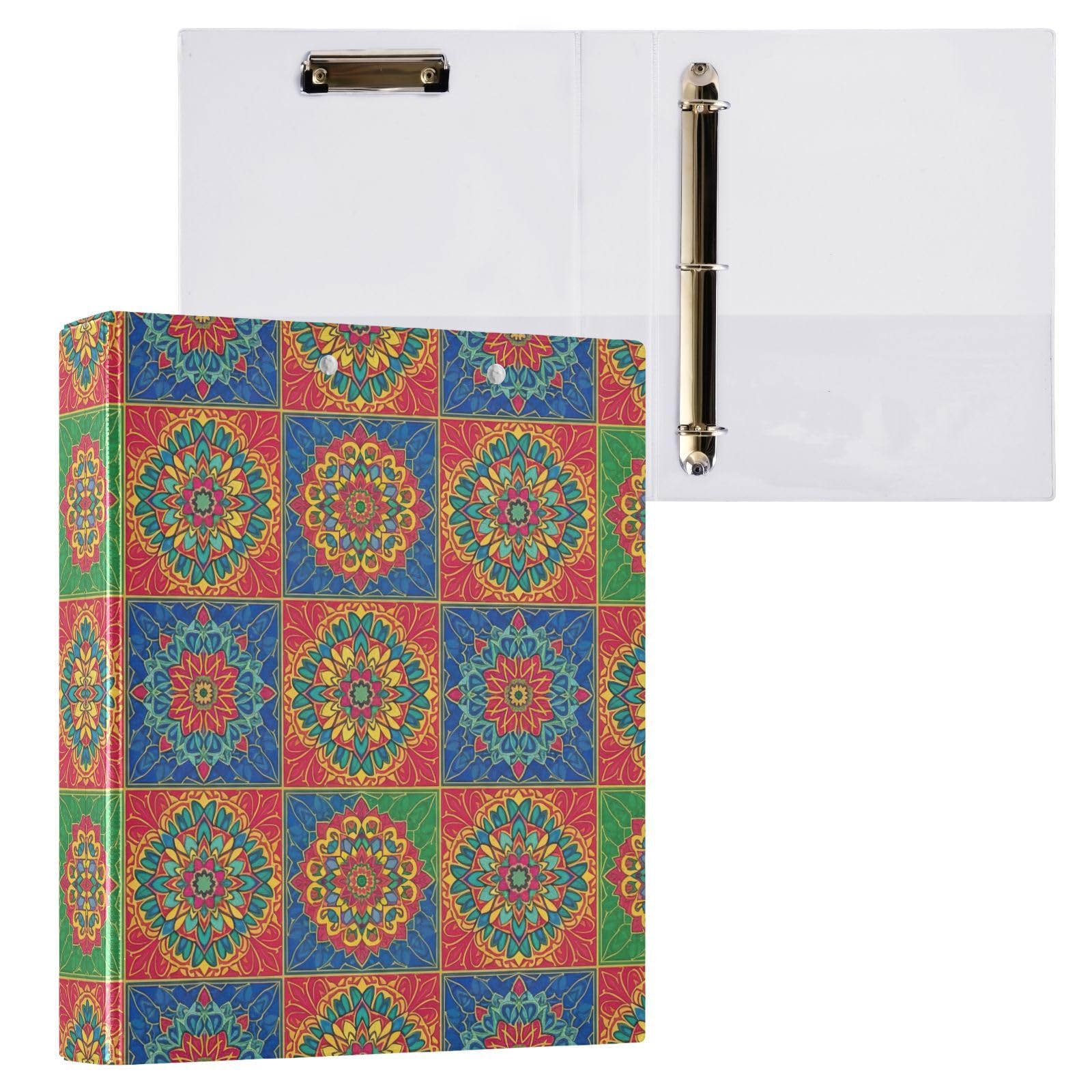 Raccoglitore a 3 anelli, motivo mandala bohémien, colorato, con portablocco, confezione da 2