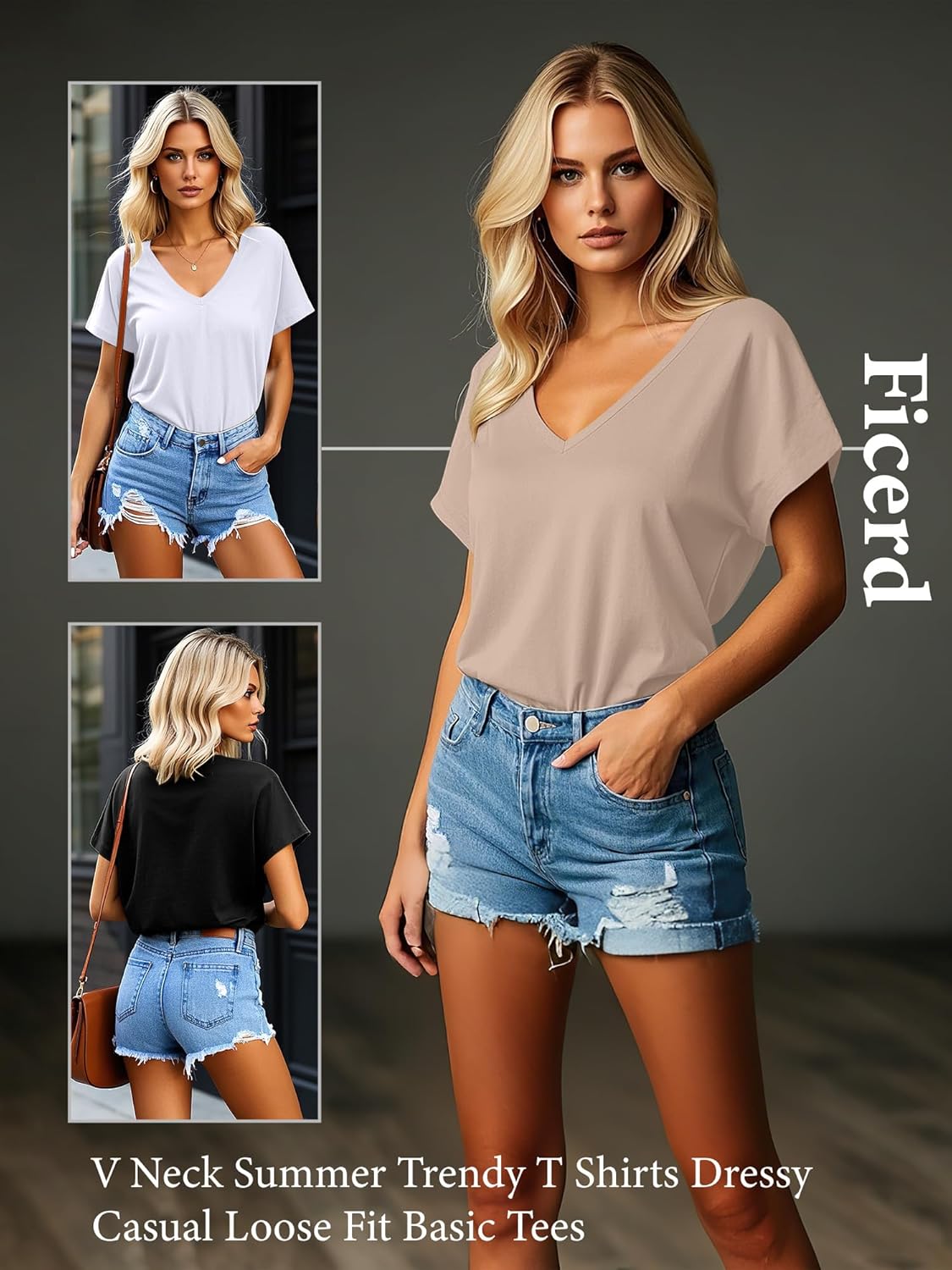 Ficerd 3 Pack Women's Dolman Sleeve Tops V Neck Summer Trendy T Shirts Dressy Casual Loose Fit Basic Tees - Image 3
