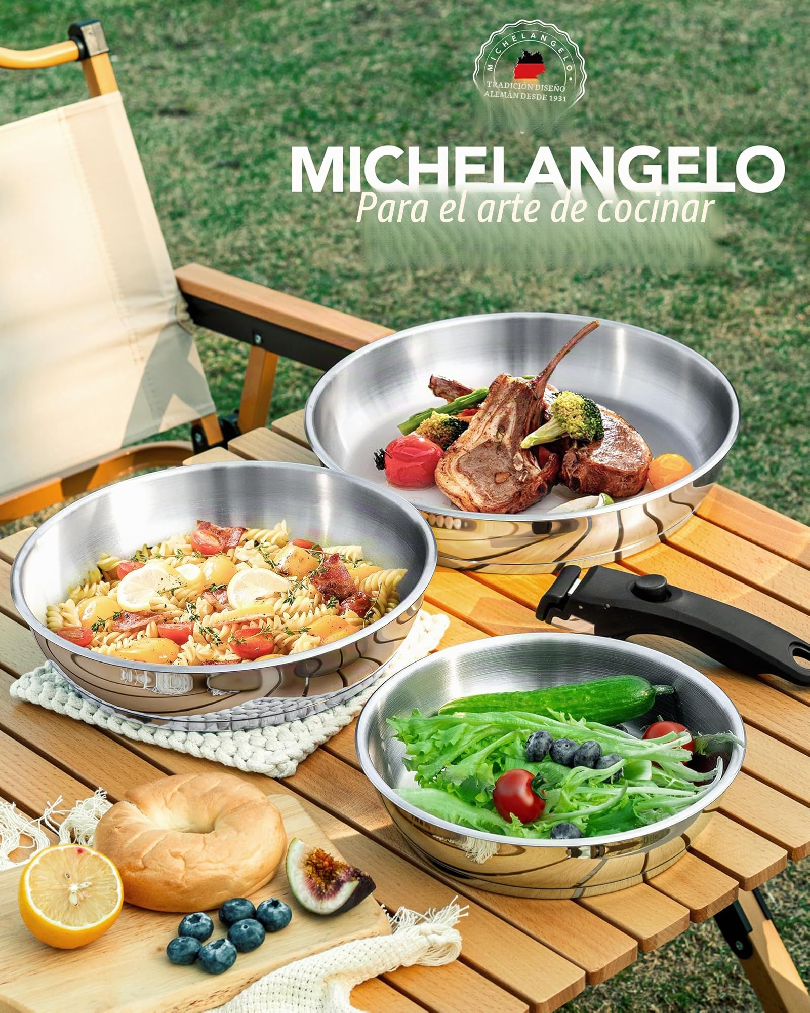 MICHELANGELO Juego de 3 sartenes de acero inoxidable con mango desmontable, ahorra espacio, apilables, sin revestimiento, aptas para inducción, 20/24/28 cm