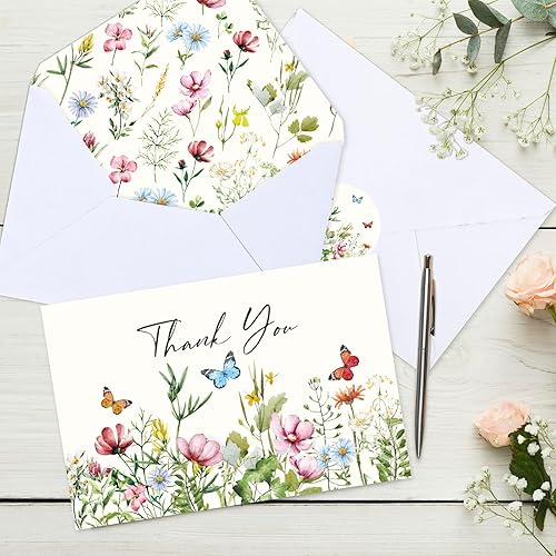 Miniatura 6 de Whaline Paquete de 20 tarjetas de agradecimiento de flores silvestres a granel, tarjetas de felicitación de mariposas con sobres y calcomanías,