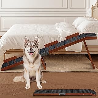 Easyego Foldable Dog Ramp for Bed, 74" Wood Pet Ramp with Side Rails and High Traction Carpet, 22° Gentle Long Slope, Top Landing Platform, Supports up to 200 LBS for Senior Dogs