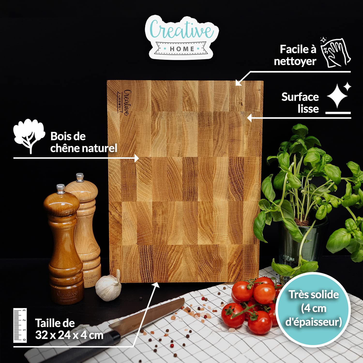 Creative Home Grande Planche a Decouper Bois | 32 x 24 x 4 cm
