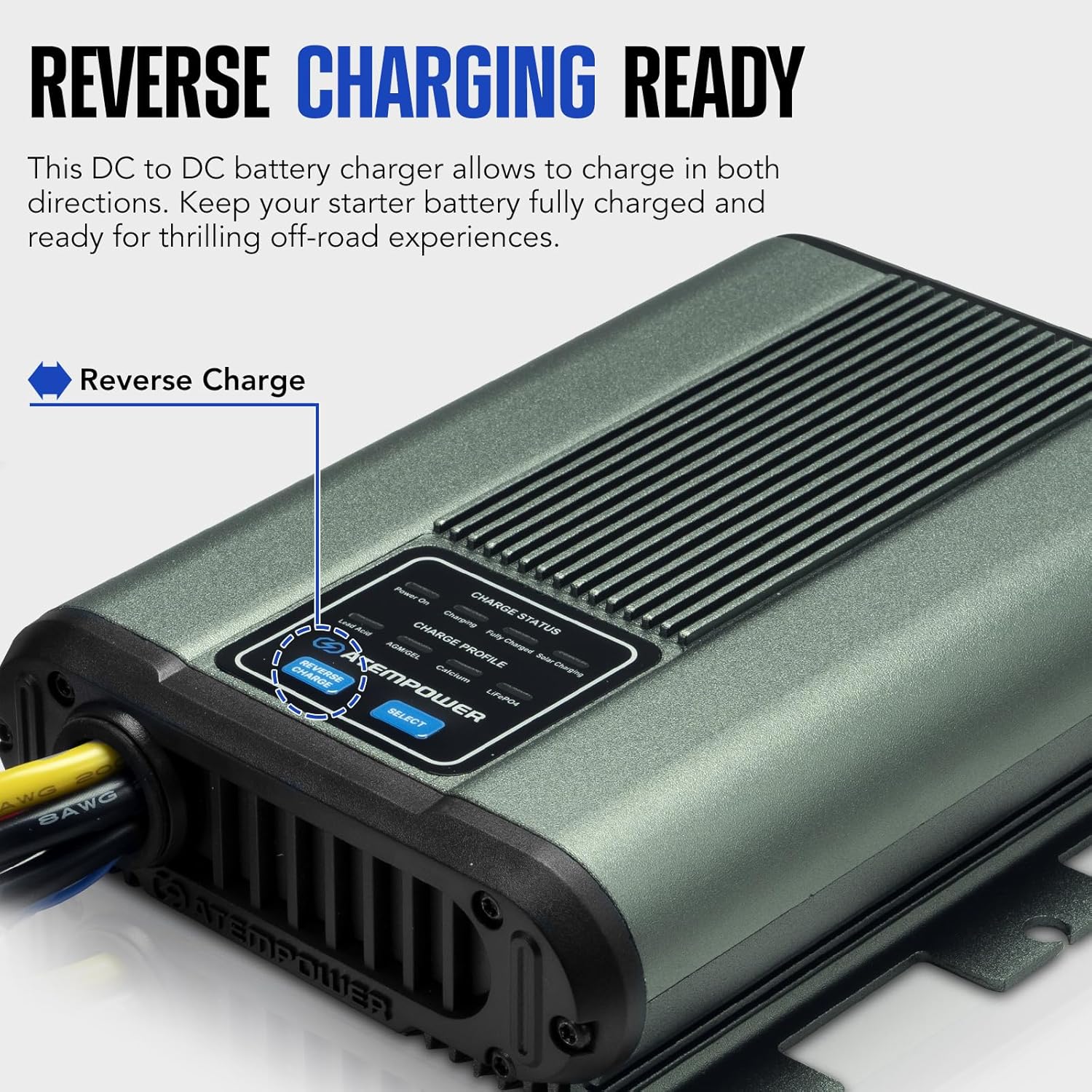 ATEM POWER 40A DC to DC Battery Charger with 'Reverse Charge' button highlighted