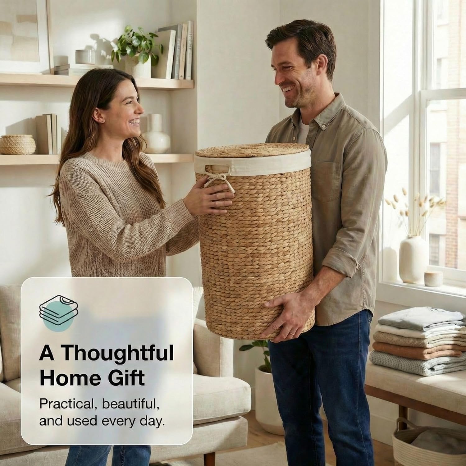 DEILSY™ Natural Round Water Hyacinth Wicker Basket with Lid and Removable Liner, Storage Basket with Lid and Handles, Handwoven Wicker Laundry basket for Bathroom, Bedroom, or Laundry Room