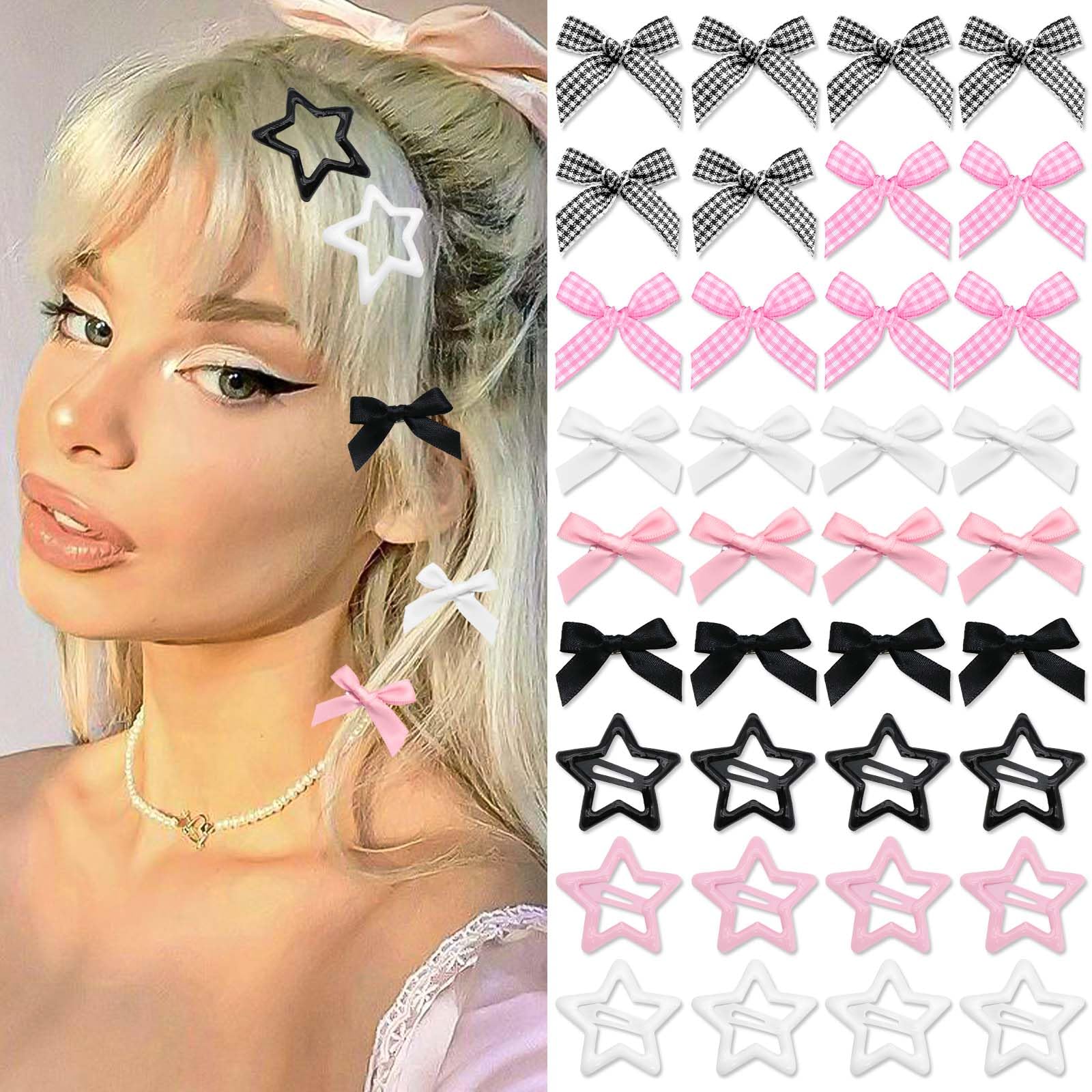 STGDAK Valentine's Day Hair Clips Pink Mini Hair Bow Clips Cute Hair Bowknot Barrettes Plaid Star Clip Kawaii Snap Barrettes Y2k Valentines Hair