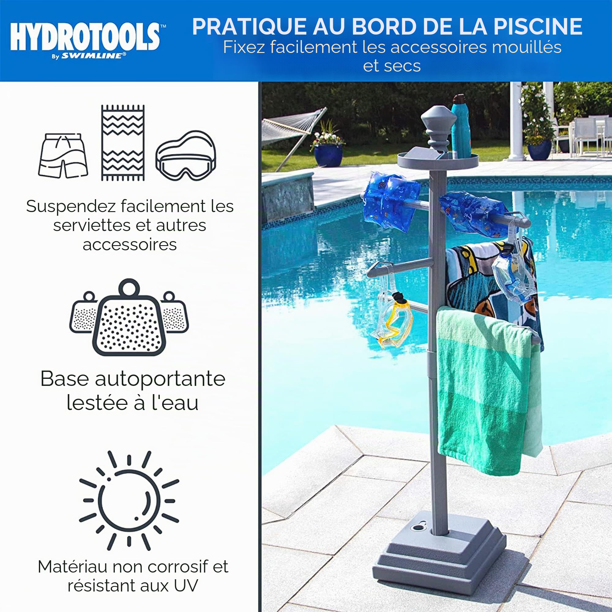 Swimline HYDROTOOLS 89033 Porte-Serviettes réglable de qualité supérieure avec Base lestée à l'eau, Trois Bras Clips sécurisés pour extérieur et intérieur, Piscine, terrasse, Piscine