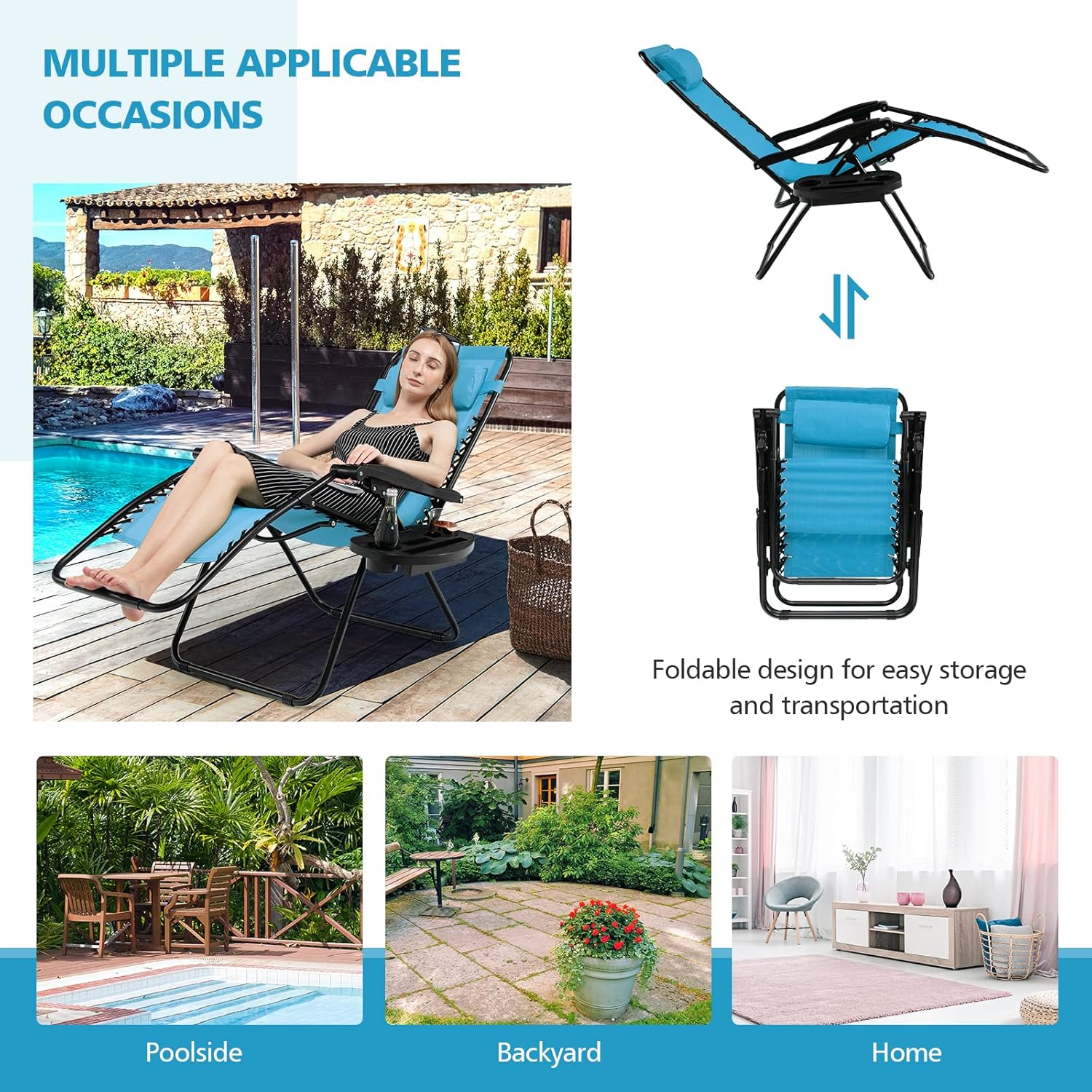 S AFSTAR Folding Reclining Lounge Chair, Outdoor Zero Gravity Recliner W/Side Tray & Detachable Headrest Pillow, Heavy-Duty Steel Frame, Reclining Folding Chair for Poolside, Backyard (1, Blue)