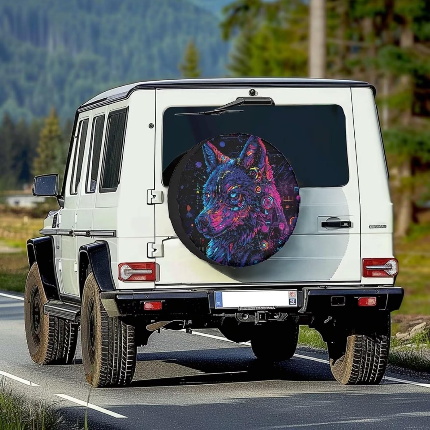 Amzbeauty Neon Colored Wolf Print All Season Spare Tire Cover UV Blocker Water Resistant Easy Install for Many Vehicles