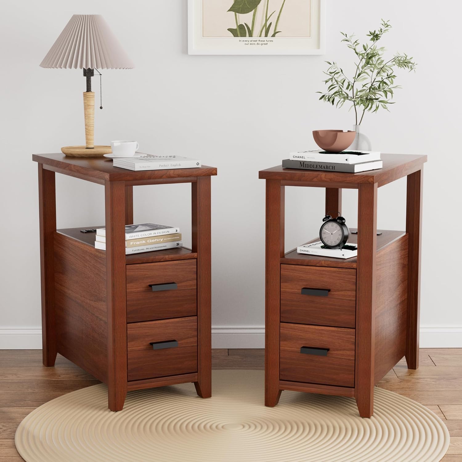End Table Set of 2, Narrow Side Table with Charging Station, Sofa Couch Table Bedside Table with Wooden Drawers, Slim Night Stand for Living Room, Bedroom, Small Space, Walnut
