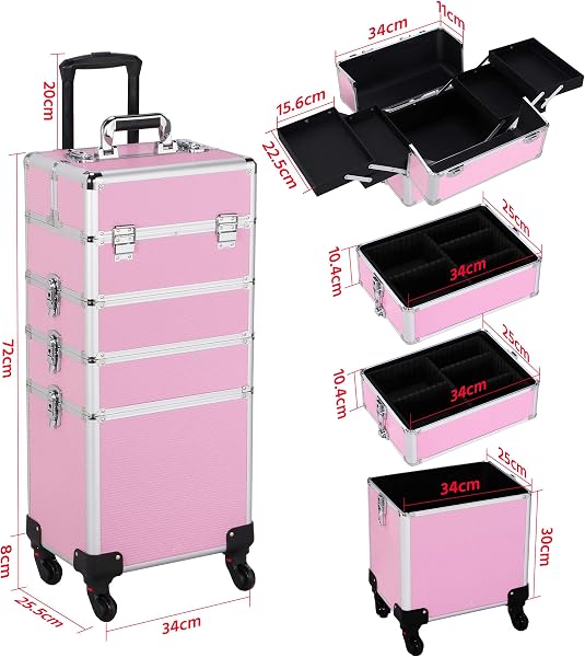 Yaheetech Valise Maquillage 4 en 1 Mallette de Maquillage Trolley à Maquillage Bijoux et Cosmétique Beauty Case Grande Rangement pour Voyage Verrouillable avec roulettes Rose - 4