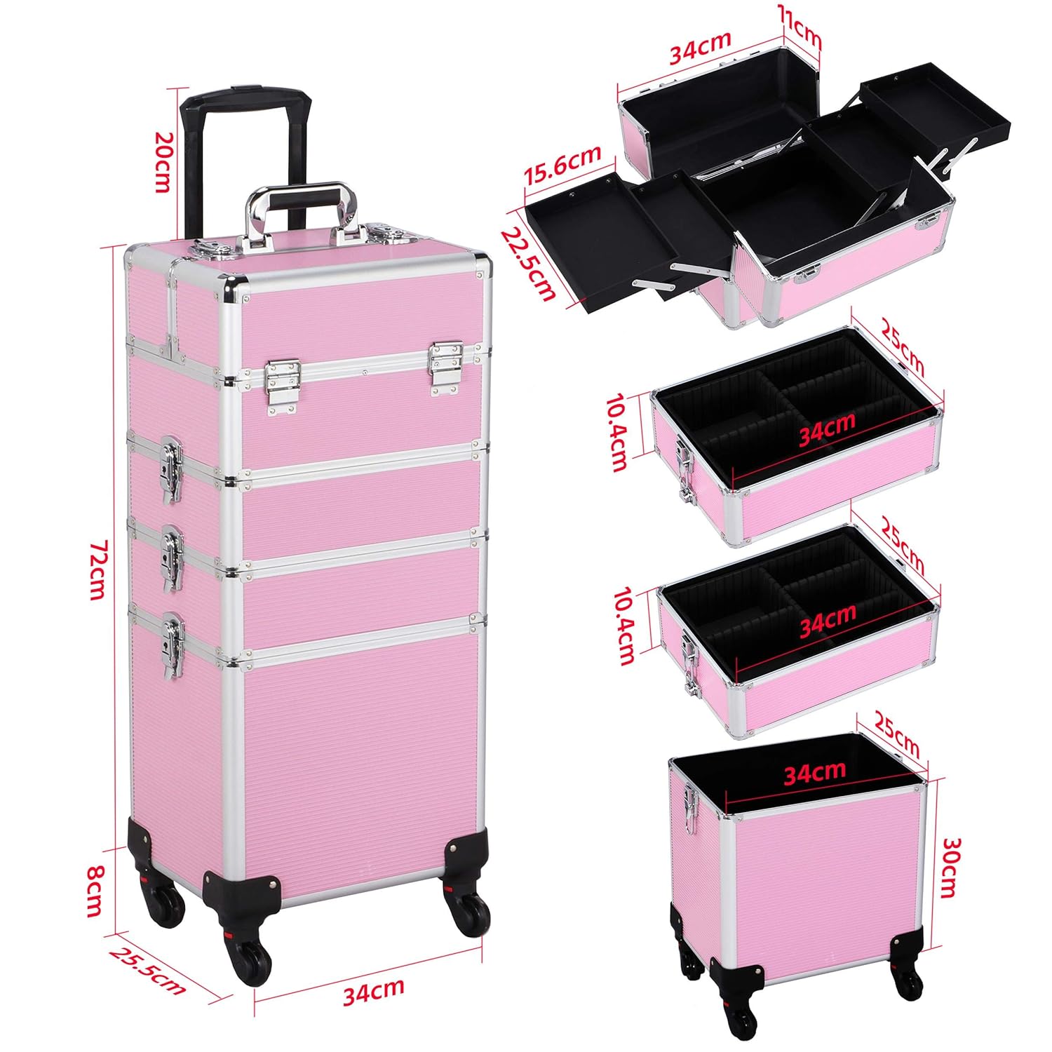 Yaheetech Professional Makeup Train Case 4 in 1 Rolling Cosmetic Trolley Makeup Case Organizer Makeup Travel Case, with 4 Detachable Removable Wheels, Pink