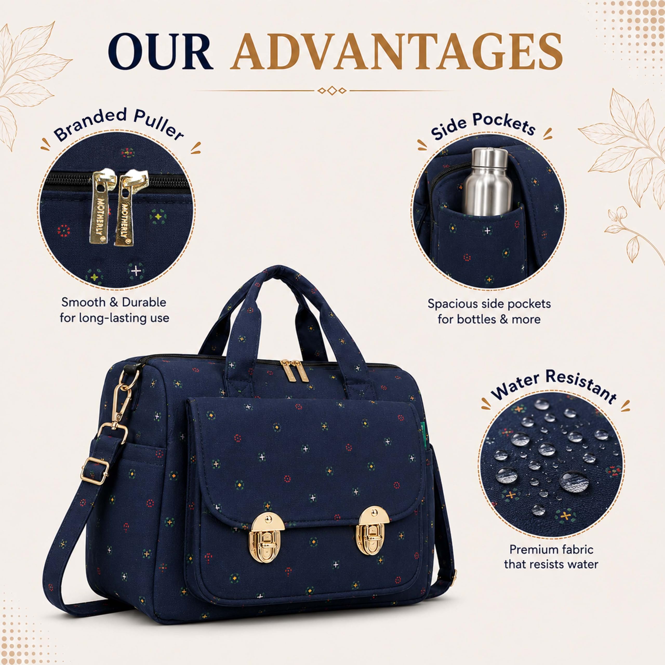 Motherly WOW Tote Diaper Bag for Mothers for Travel, Maternity Bag for Newborn Baby, Multiple Pocket Water Resistant Baby Bag (Blue Flower) 2