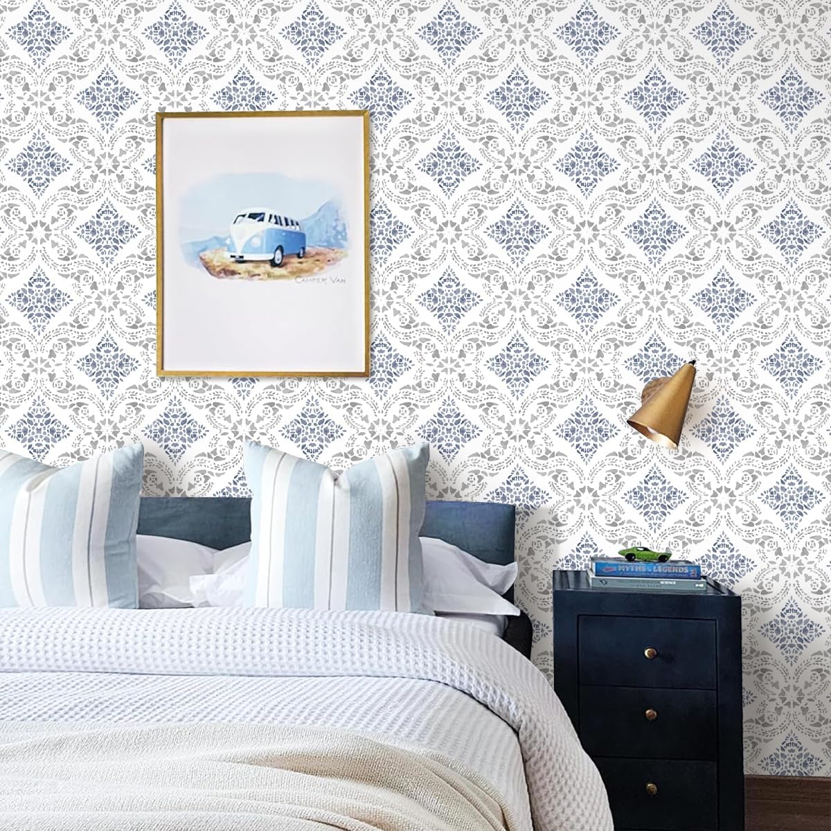 Boho Peel and Stick Wallpaper Blue Contact Paper 16.9inch x 393.7inch Blue Pattern Wallpaper Vintage Self-Adhesive Removable Decorative Contact Paper for Bedroom Cabinets Vinyl
