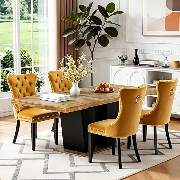 62.99" -78.74" Extendable Dining Table Set of 4, Brown Dining Room Table & 4 Yellow Velvet Dining Chairs with Wood Leg, Rustic Kitchen Dining Table and Chairs Set, Modern 5 Piece Dining Set