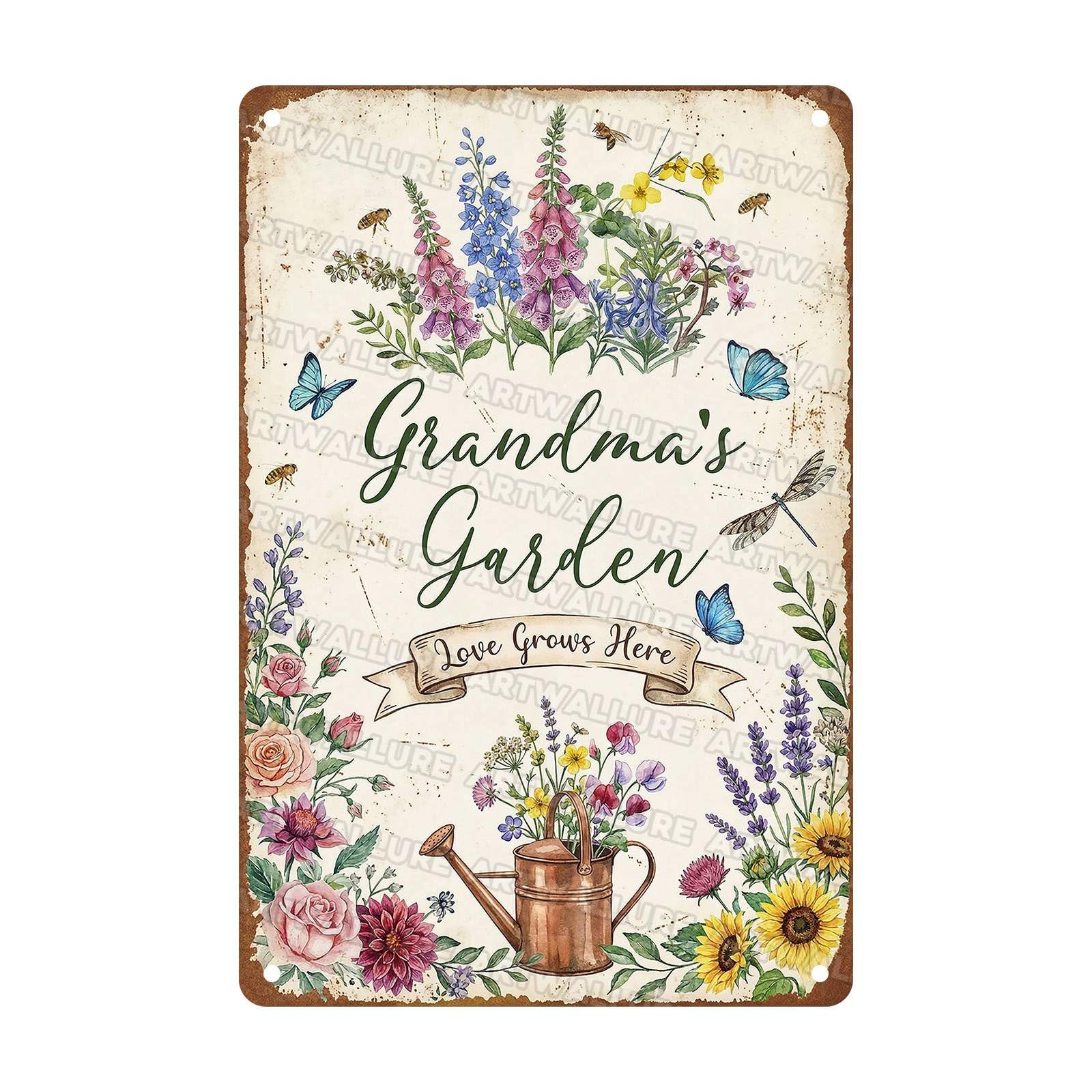 Garden Floral Tin Sign Heartwarming Wall Art Grandma's Garden Love Grows Here Metal Signs For Grandmas Backyard Front Porch Patio Yard 8x12Inch