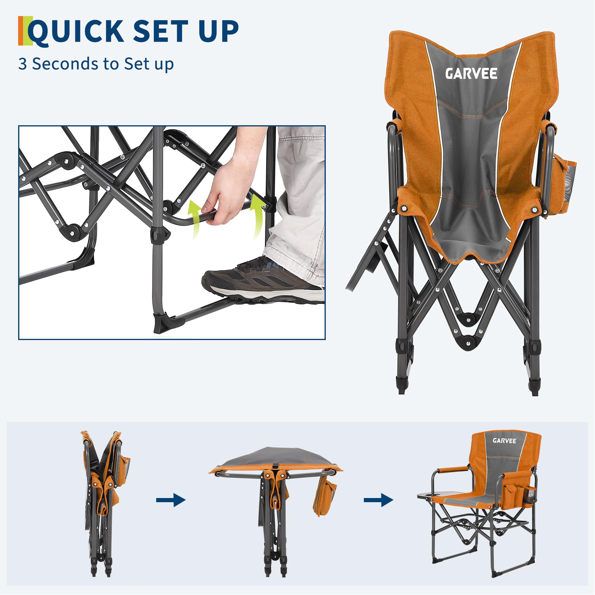 GarveeHome Sedia Regista Da Campeggio Pieghevole Per Adulti - Portatile e Robusta Fino a 180 kg Con Tavolino Laterale, Tasca Portaoggetti Portabicchieri Ideale Esterni, Spiaggia, Pesca, Picnic