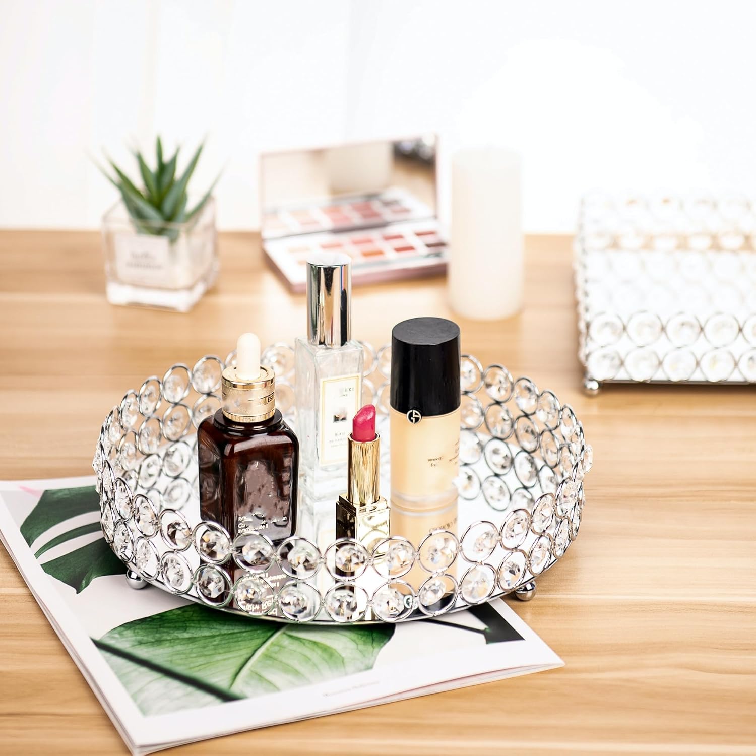 Feyarl Crystal Perfume Tray Cosmetic Makeup Vanity Tray Jewelry Trinket Organizer Mirrored Decorative Tray for Home Deco Christmas Birthday Gift(Round 10" inch) (Silver) - Image 6
