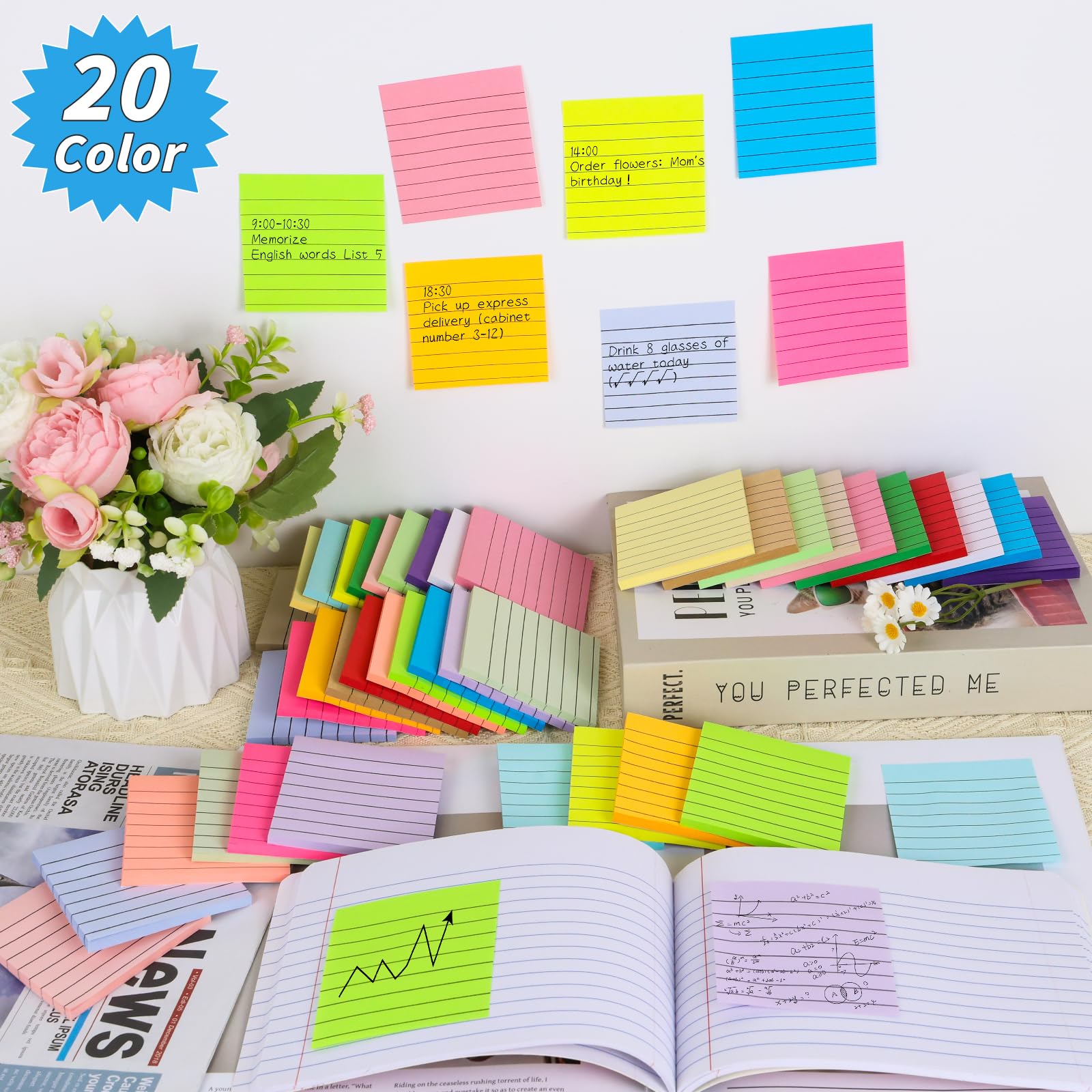 100 Stück linierte Haftnotizen, Großpackung, 7,6 x 7,6 cm, selbstklebende Notizblöcke, bunt, in 20 Farben, selbstklebendes Papier, Memo, 50 Blatt/Block, einfach zu verschicken, für Büro, Zuhause