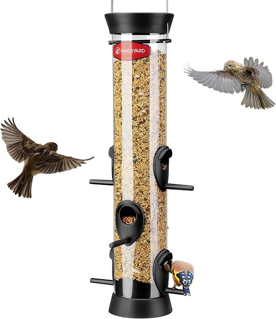 Kingsyard 6 Ports Tube Bird Feeder pour l'extérieur suspendu, base amovible et perchoir, facile à nettoyer & Recharge, Premium en plastique dur, Attracting pour Finches Cardinals Bluebirds (Noir)