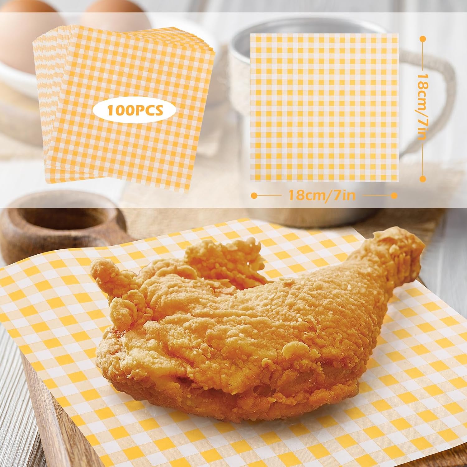100PCS Greaseproof Paper Sheets, 7×7 Inch Small Deli Paper, Gingham Parchment Squares, Food Basket Liners, Oil‑Resistant Wrapping Papers for Cookie Burgers Sandwiches Party Supplies, Orange